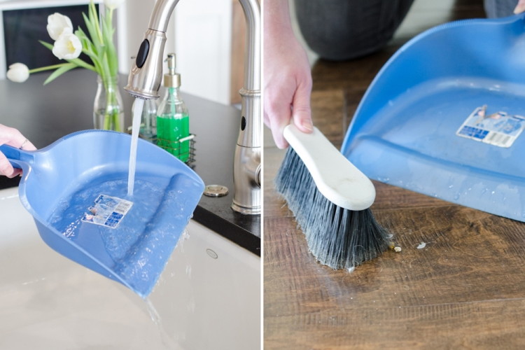  Keep dirt in a dustpan by running the pan under water first.